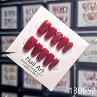 Handmade Medium Coffin Red Firework gel nails 2024